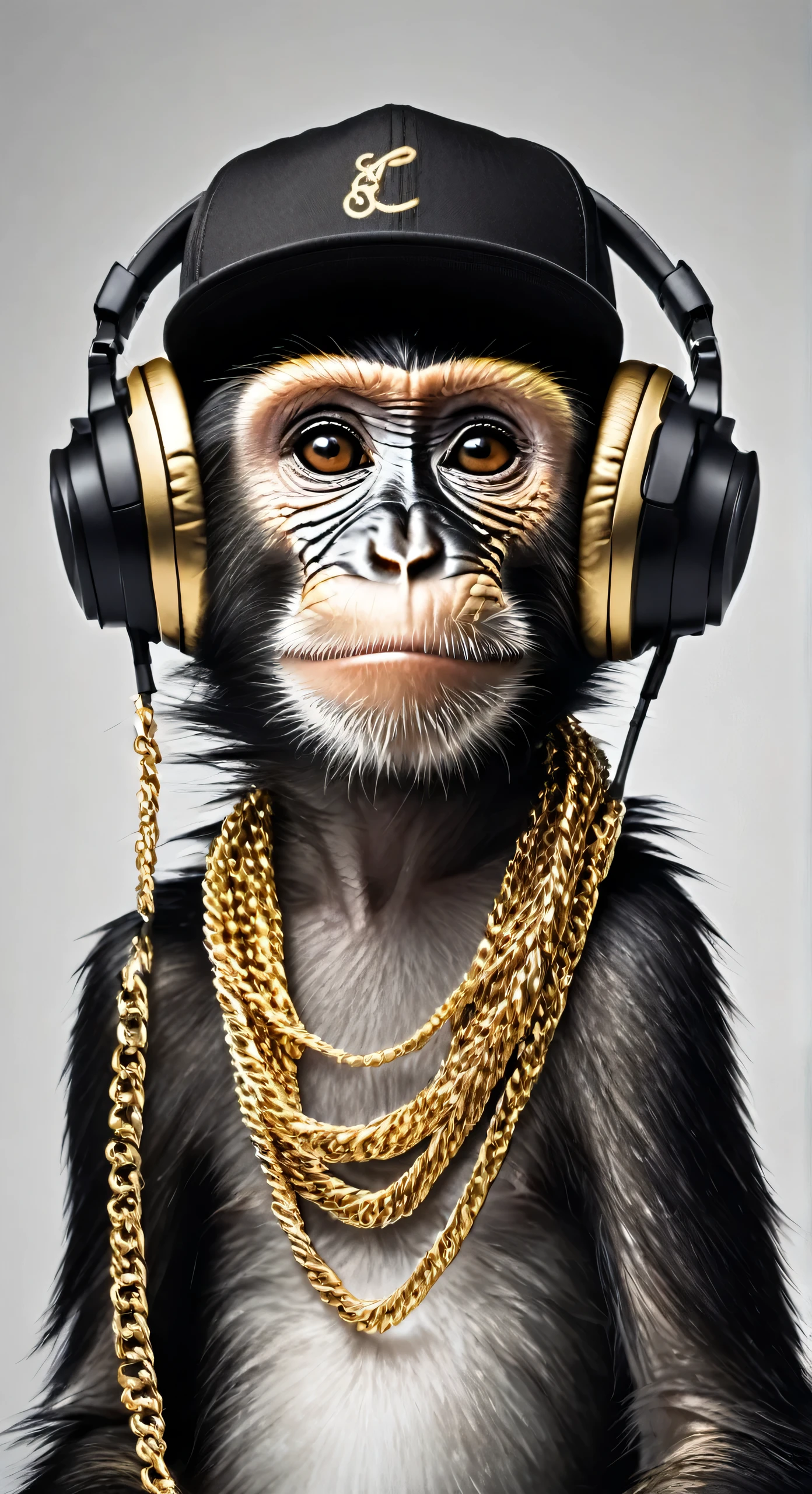 Monkey wearing a black cap,vestindo uma camiseta regata branca,wearing a gold chain around your neck listening to music on headphones.