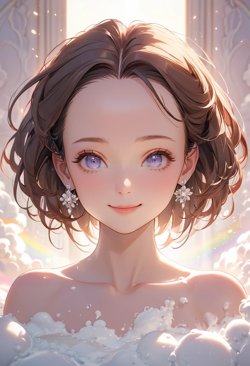 ((masterpiece)), Very detailed,(((ultra detailed face))),best quality, 8k, (柔Light), Light, 1 lady, facing the camera,brown hair, ((forehead)),elegant, Comfortable, Clean and detailed anime art, Trending on artstart, rainbow colors, milky white,  illuminate warmly, Soap, (pink and white theme),big smile,sanctuary