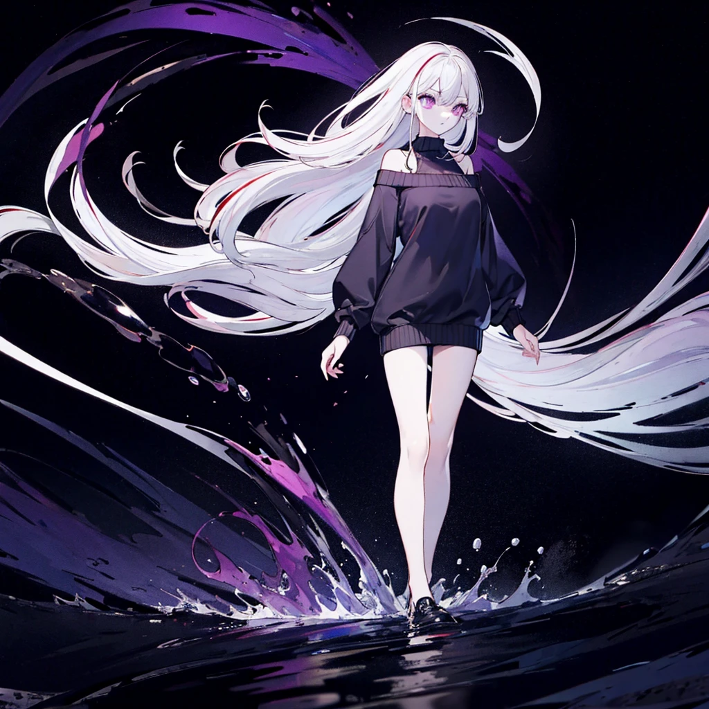 ((Best quality)), ((masterpiece)), (detailed), 1 girl, short off-shoulder sweater, attractive girl, slender legs, Violet eyes, albino, night time, white-haired, full length, streamit shooter, back view