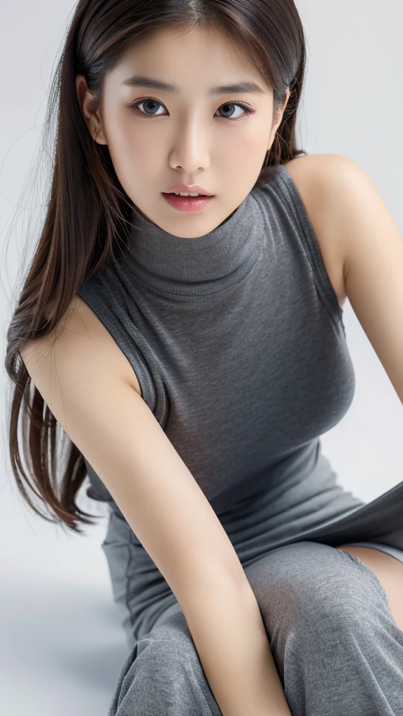(detailed face),((crotch)),normal breasts,pretty,sleeveless and turtle neck gray clothes,4k ,super high resolution ,(photo-realistic: 1.7),white background,long hair,