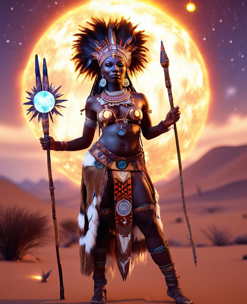 African shaman woman dressed in african designed dress made from hides and fur, holding a stick, the solar system and horoscopes in the background, 32k, ultra HD, unreal engine rendered, hyper-realistic image, highly detailed and clear images, artgerm style, solar system and horoscopes shining with cinematic light providing a magical and fantasy scenery.