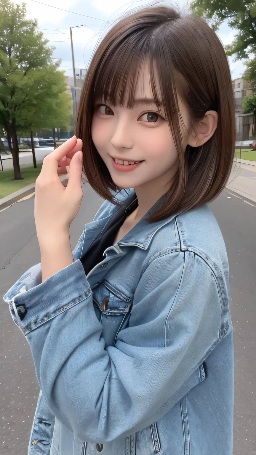 closeup shot , Best picture quality (8K, high resolution, Masterpiece: 1.2), super detailed,  215 Short Hair, -yeld wo, 

situation: A scene where someone is taking pictures with a camera in the park。
clothing: Fashionable casual clothes（Denim jackets and dresses、sneakers）。Do you let your hair down naturally?、A quick summary。
angle: With a camera、Wide angle shots of people taking pictures of beautiful landscapes and flowers。The moment you press the shutter、Close-up of a person checking the photos they took。Capture the natural beauty of the subject。

Close-up of face 

, random cute pose ,big eyes ,Puffy eyes ,  Heart Pupil, blush  , huge shy smile , salute
