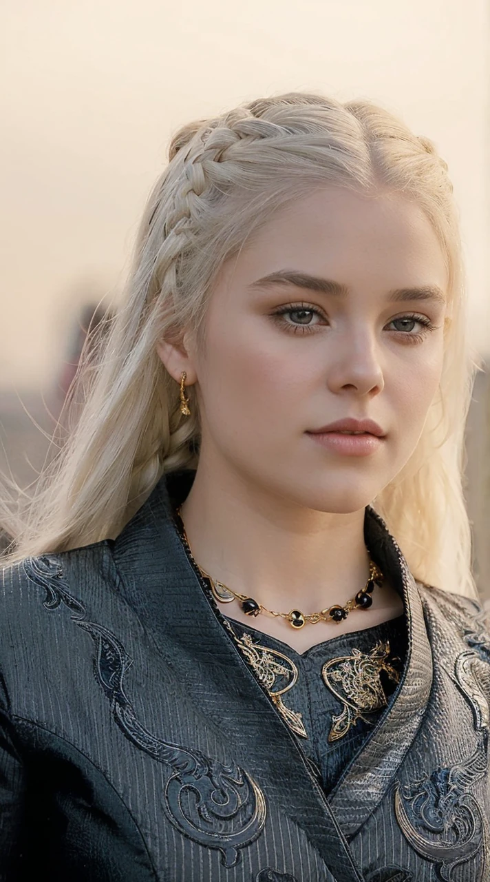 Girl with white wavy hair,side braids,beautiful necklace, Targaryen women hairstyle,beautiful gold tiara, red and black dress