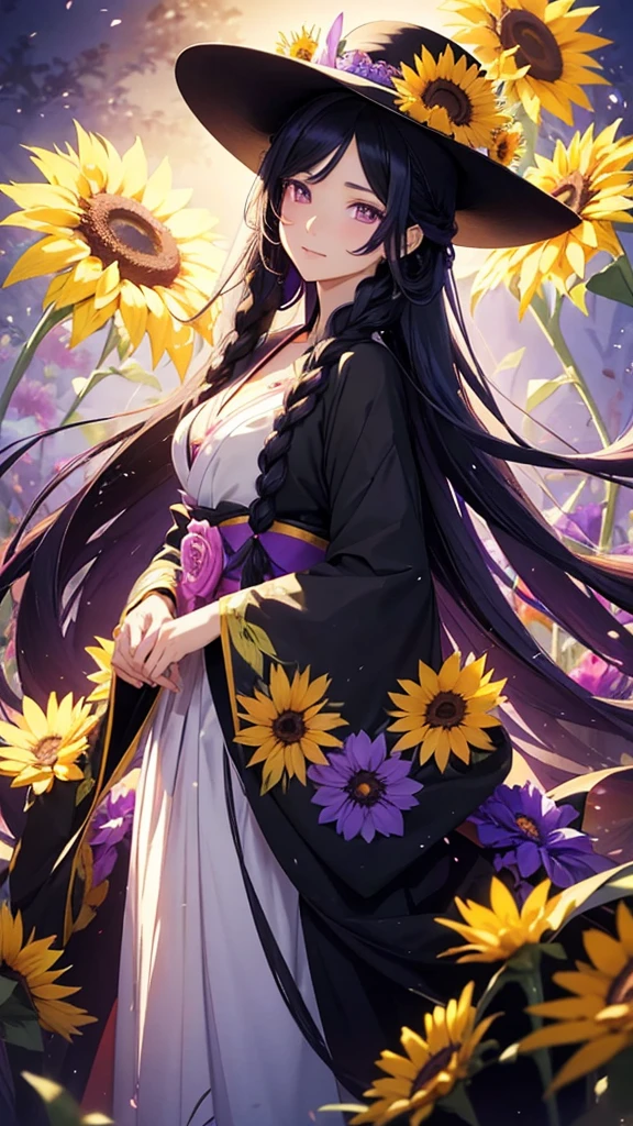 anime illustration in the style of elegant and beautiful Lady with long black hair in braids wears ander a big hat decorated with flowers, she has purple eyes and is wearing a elegant colored furisode. the background depicts a magical garden filled with blooming sunflowers and morning glory, full body, delicate and fine art style, cute and dreamy mood, soft lighting, vibrant colors, digital painting
