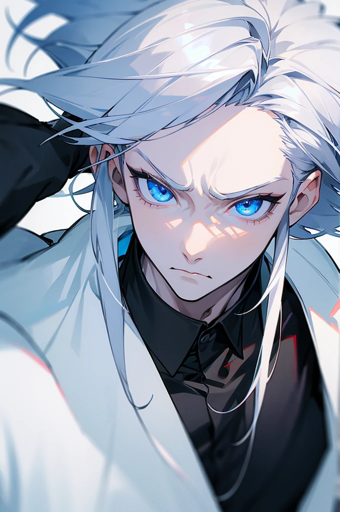 Boy, silver hair, blue eyes, serious sharp features, white skin, handsome, black shirt
