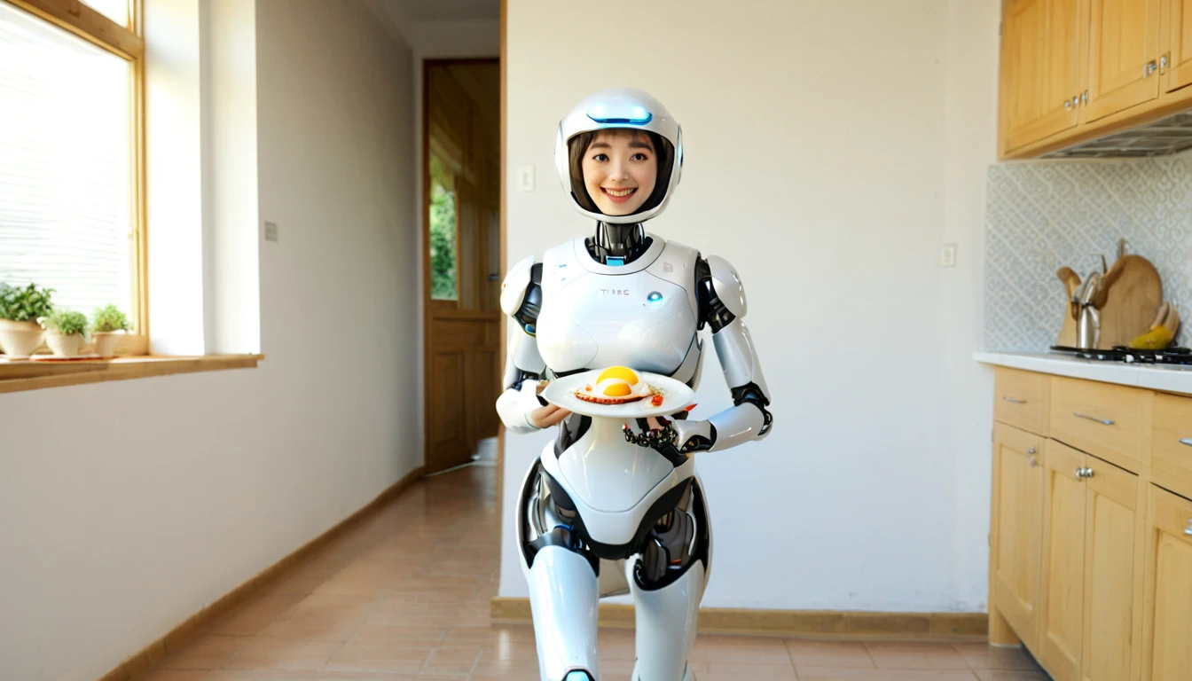 female A.I robot (beautiful real human-like face and robot body), swaying and smile, hands holding a white plate containing fried eggs, take a picture of the A.I robot jogging while carrying a plate containing fried egg, the background is in a traditional kitchen with various furniture. there are digital ones and traditional ones. time 7.00 am. soft sunlight came in through the window pane.