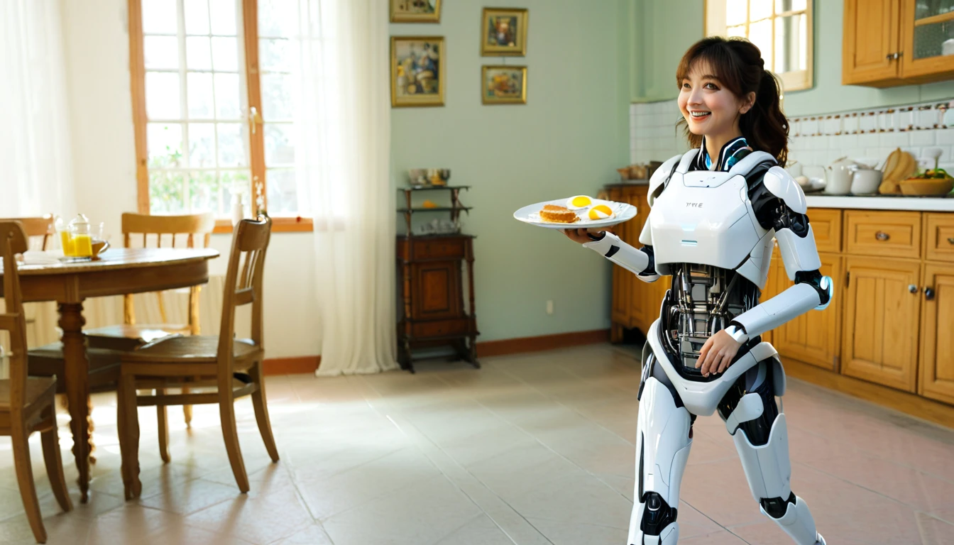 female A.I robot (beautiful real human-like face and robot body), swaying and smile, hands holding a white plate containing fried eggs, take a picture of the A.I robot jogging while carrying a plate containing fried egg, the background is in a traditional kitchen with various furniture. there are digital ones and traditional ones. time 7.00 am. soft sunlight came in through the window pane.