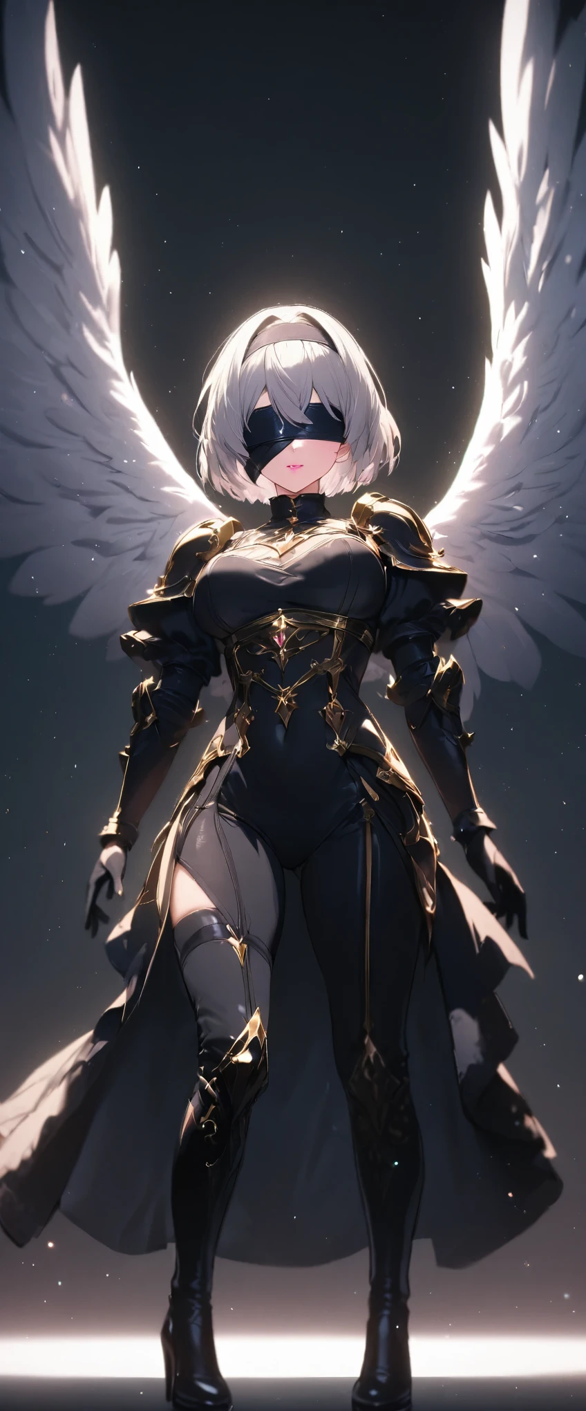 (One girl, alone, alone), (yorha no.2 Type B, 2B, One girl, alone, short hair, Gray Hair, hair band, Blindfold, eyes covered, black Blindfold), ((alone, (1 Female,Pink lipstick), Very detailed , Soft indirect lighting, 4K, Perfect Eyes, Perfect Face, Perfect lighting, The first girl)), ((Fitness, , Shapely body, huge firm bouncing bust)) , ((armor, Black Skirt, Black Swimsuit, Bodysuits, Gold Detail, gem, diamond, Emerald, sapphire, Ruby, amethyst, High heels, More Silver, Angel, Angelic, wing, Angel wing, Magi, fire, Casting a Spell, Shapely abdomen, Muscular abdomen))