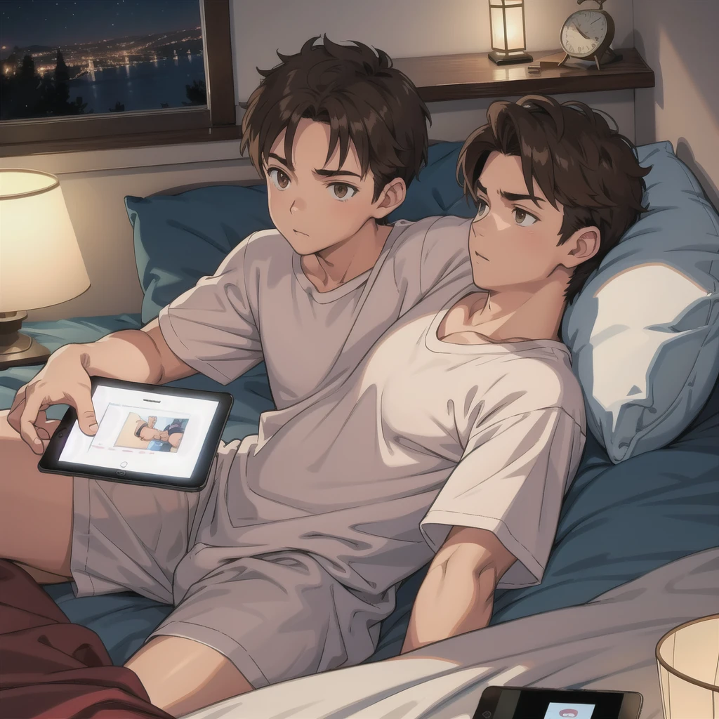 Boy, brown hair, boxers, lying on bed, holding ipad, night time, lamp,, bedtime, in bed