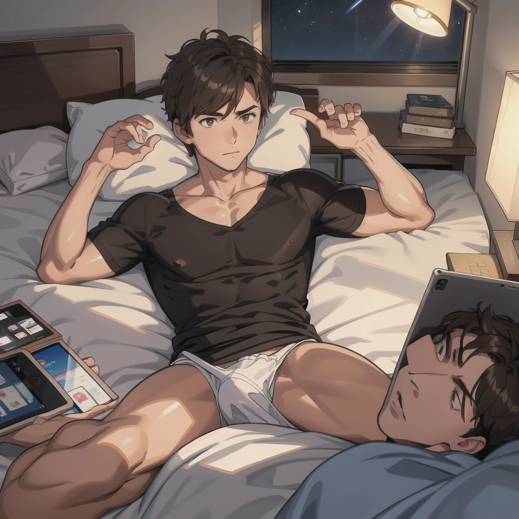 Boy, brown hair, boxers, lying on bed, holding ipad, night time, lamp,, bedtime, in bed 