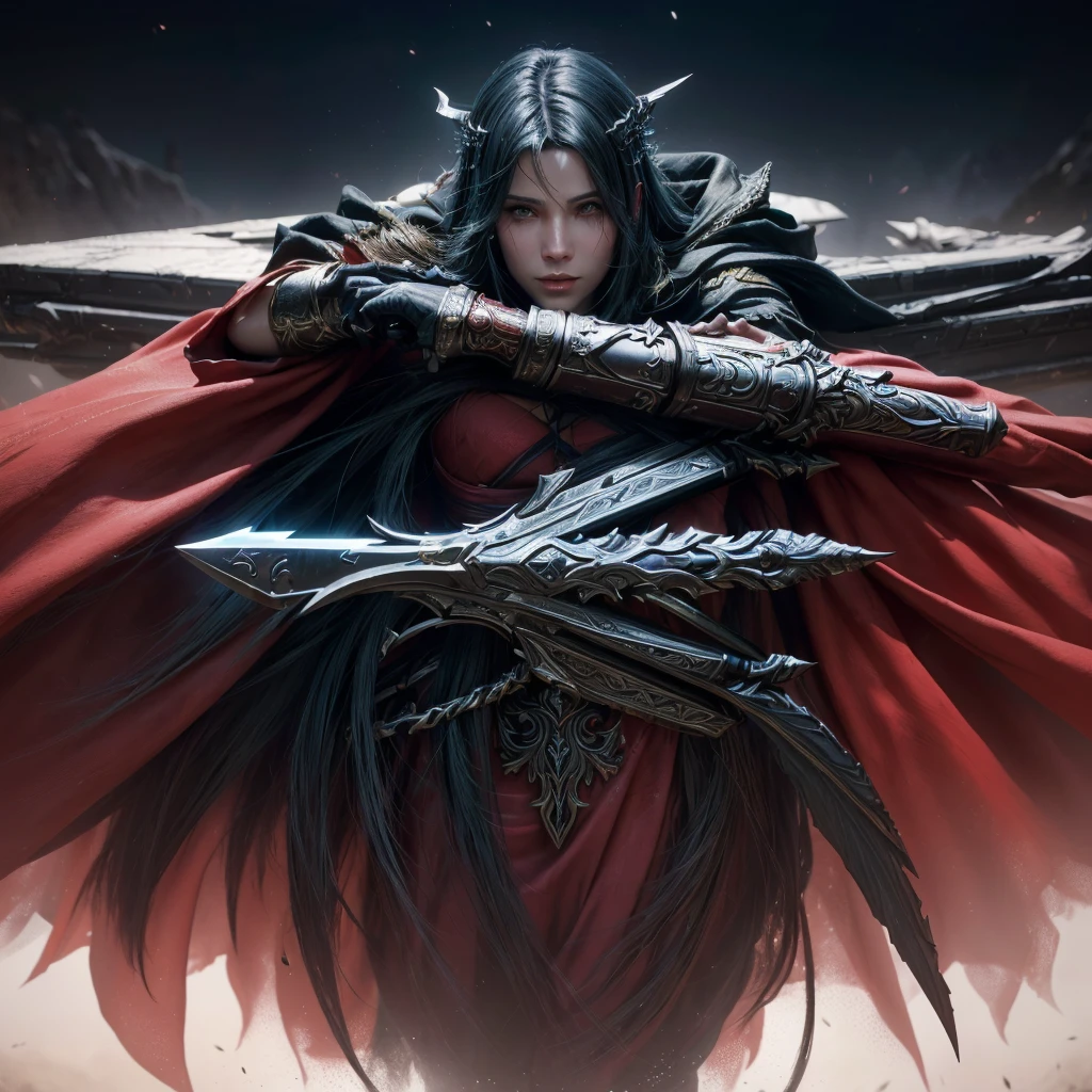 um close de uma espada com uma capa vermelha, Fantasia com detalhe 4K, the best of art station, wojtek fus, square enix cinematic art, Por Jeremy Chong, por Arthur Pan, holy sword in your hands, trends on artstation:3, art station masterpiece, chave escura de craig mullins, armadura sagrada, cavaleiro de fantasia, fantasy style 8k octane rendering