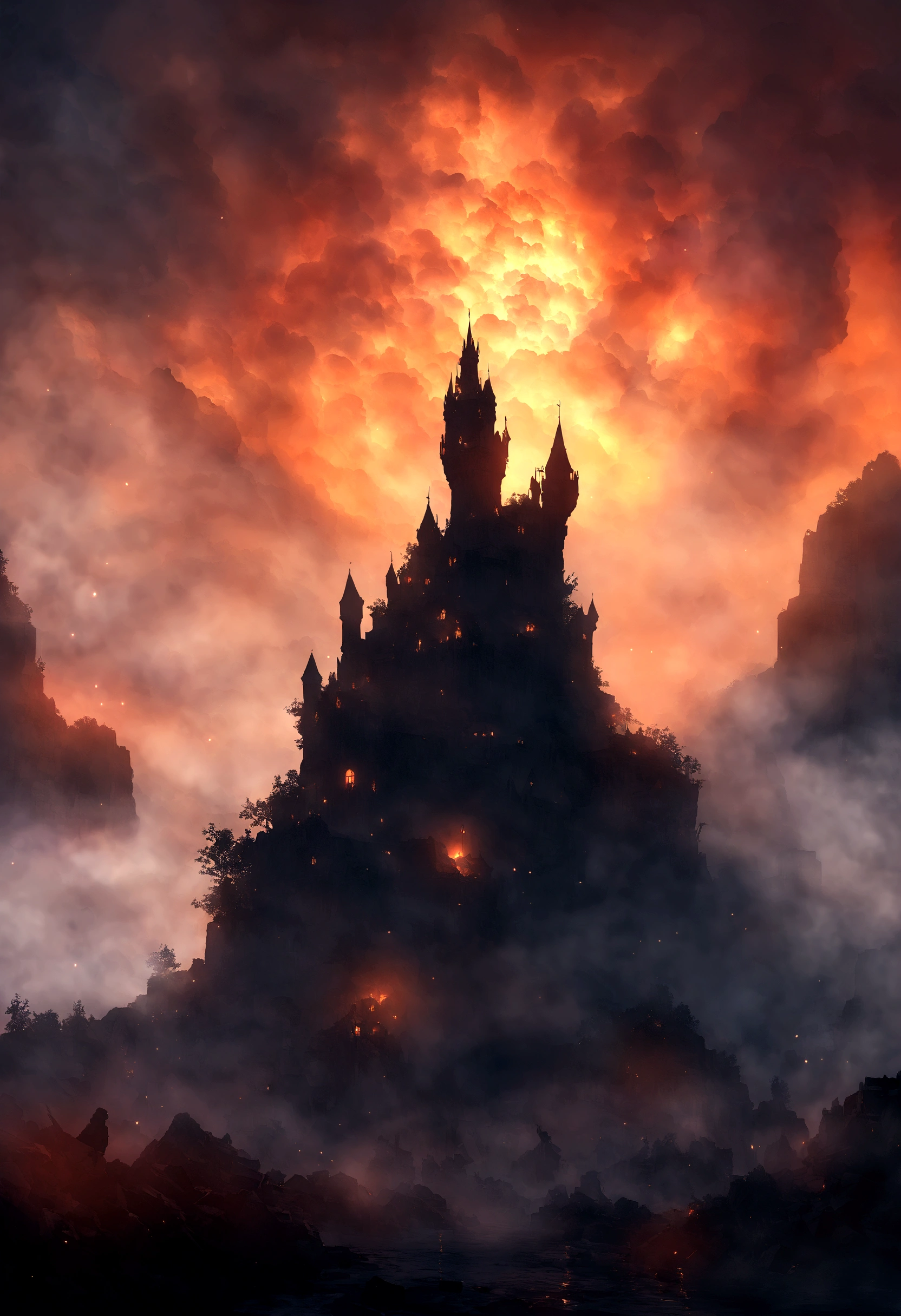 A scene from the Last Judgment,Huge owls stand in the ruins of the old castle,Collapsed buildings,Blocos de entulho,brilho de fogo,dense smoke,water face,imagem invertida,sharp focus,bokeh,profundidade de campos,Obras de mestres,superfino,hiper-realista,8K,melhor qualidade de imagem,Detailed Description,film lighting,Cinematic perspective