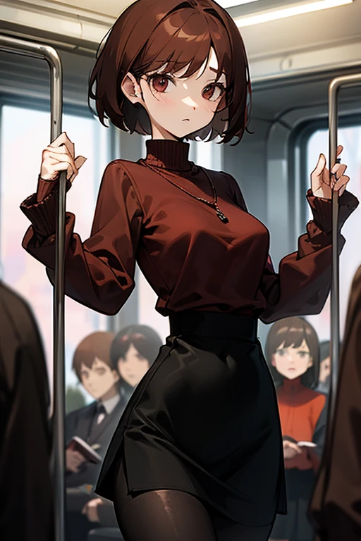 Reddish brown short length hair、Black high neck waffle knit top、Flared sleeves、Tight Skirt、Black Stockings、necklace、tits、slender、In a crowded train、Messed up