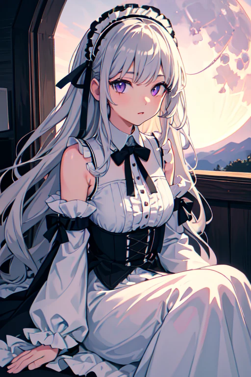 High resolution, Highest quality, figure, Cinematic Light, Super detailed, Detailed face, (Fine grain), Highest quality, Super detailed, masterpiece, (Detailed face),Two Girls, girl, Gray Hair, Purple eyes, Best details, Glowing Eyes, Medium Breasted, window, Night Sky, Outside Lake, moon, full moon, Backlight, light, (High Contrast), (colorful),White Dress,Black Dress,Gothic Lolita, Frills, ribbon,Headdress