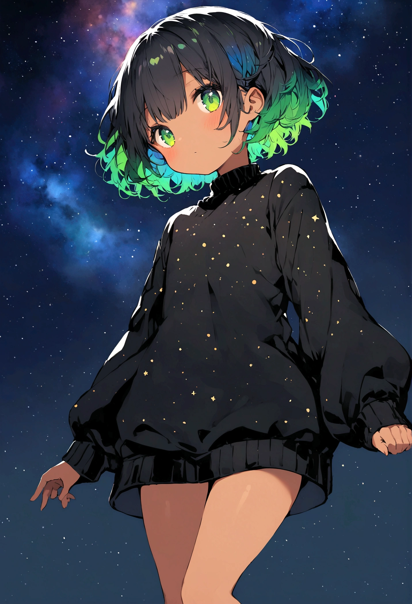 Sky, it's night, the night is full of stars, there are planets in the sky, bright colors, , short hair, galaxy hair, green eyes, tanned, black sweater, bare legs,