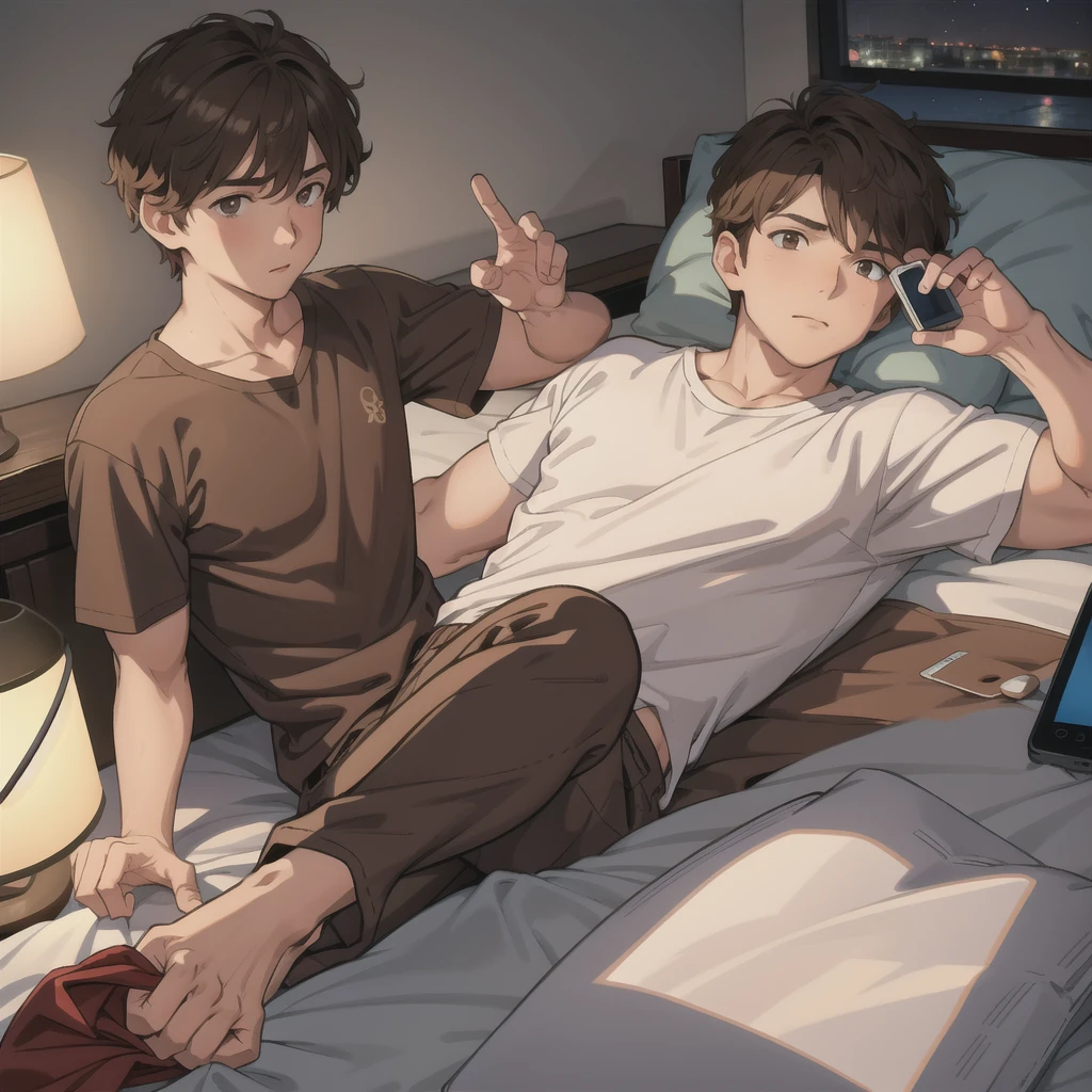 Boy, brown hair, boxers, lying on bed, holding phone, night time, lamp,, bedtime, in bed 