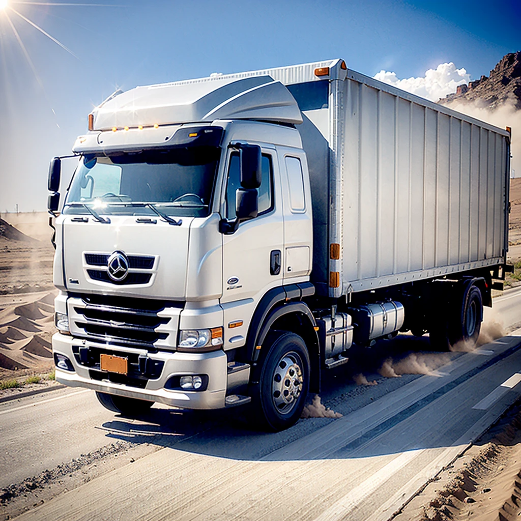 Cargo truck covered in dust on paved road in high quality
