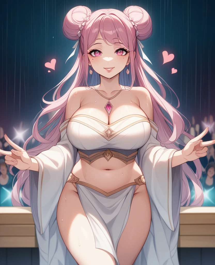 One Girl、Looking at the audience、lovely, Beautiful pink eyes、Two brown double hair buns , Mole under the eye、Plump and glossy lips、Heart-shaped choca、Dance team uniforms、Her name is May, smile、ー、。.。.。.。.。.。.。.。.。.。.。.。.。.。.。.。.。.。.3D、Realistic、 Dance team uniforms was soaked in the heavy rain, and her chest was wet and transparent.Heavy rain at outdoor concert, Drape clothes、gem、The decoration has been removed、Floral、Lace trim,On a glittering stage、 masterpiece、highest quality、8k、Detailed skin texture、Detailed cloth texture、Beautifully detailed face、Intricate details、Very detailed、 超A high resolution、8k Ultra HD、Film Grain、Best Shadow、delicate、Gazing at the audience、front