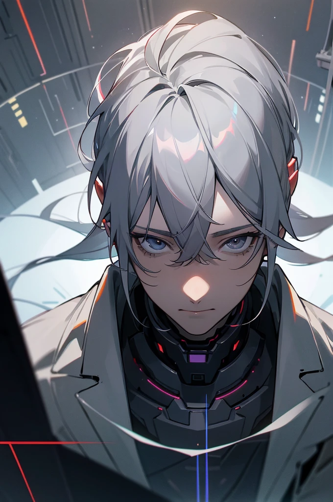masterpiece, best quality, , 1boy, solo, male focus, looking at viewer, , , , , lux_arcadia, grey hair, grey eyes, , science fiction cyber-horror, 8k resolution
