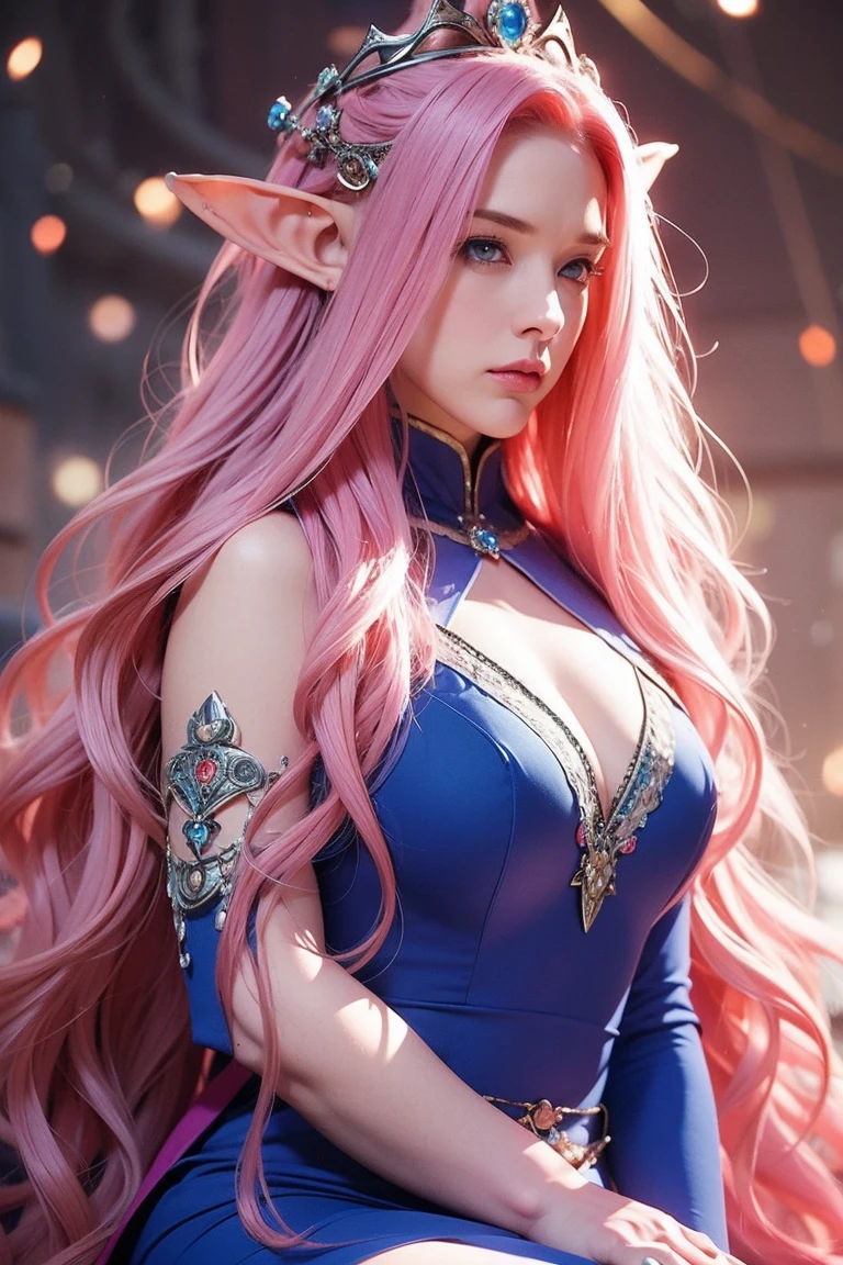 Woman, long wavy hair, pink hair, blue eyes, empress, crown, chin up, thoughtless, serious, serious expression, Authoritarian, elf,  Medieval setting, elf, Curvy, thick thighs , Far, sexy, low-cut outfit 