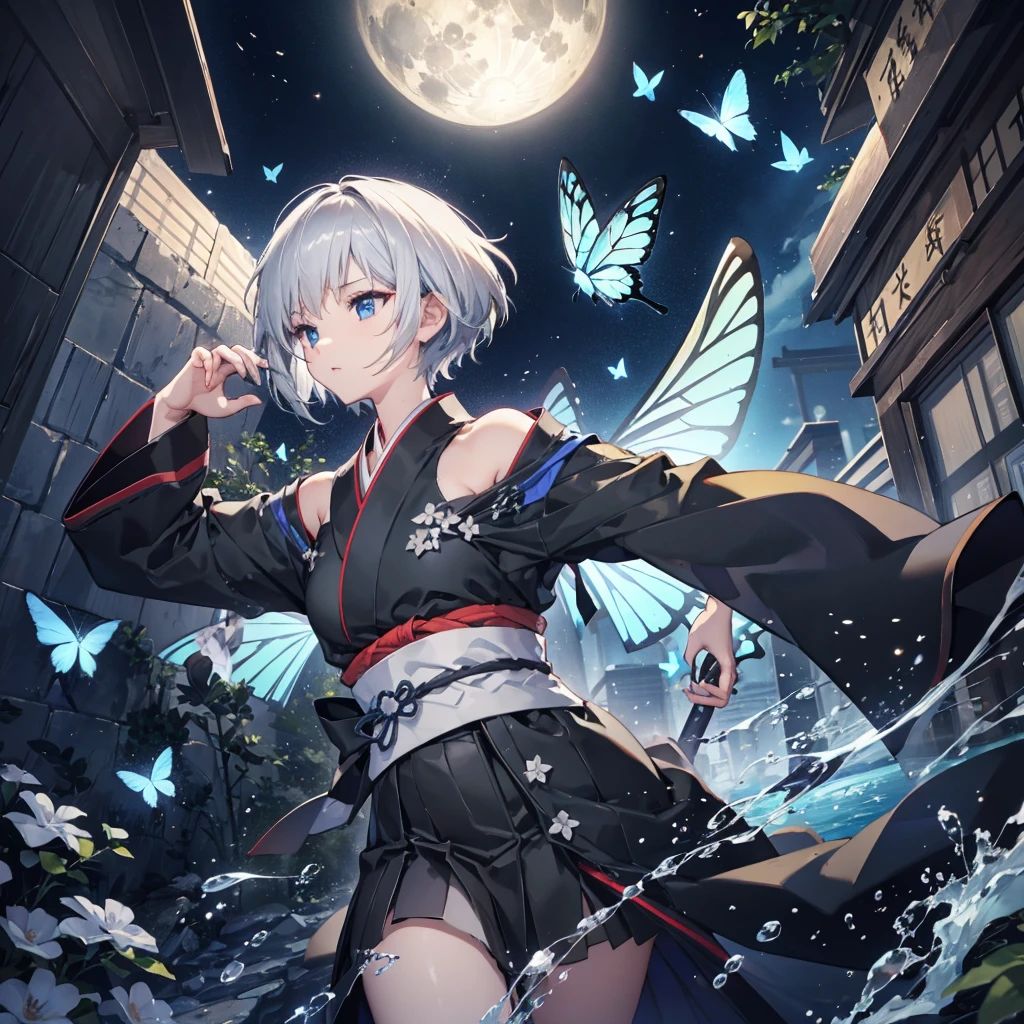 ((High resolution　Gray Hair　short hair　Black kimono　Black Band　military commander　Lonely　despair　blue eyes))　((Yellow butterfly　night　Japanese style　shoulder　old　Shining Aura　garden　water surface))　(dance　Blade of Darkness　Holding a sword　Slashing)　moon　star　Draw your sword　Slashing　Catch the wind　