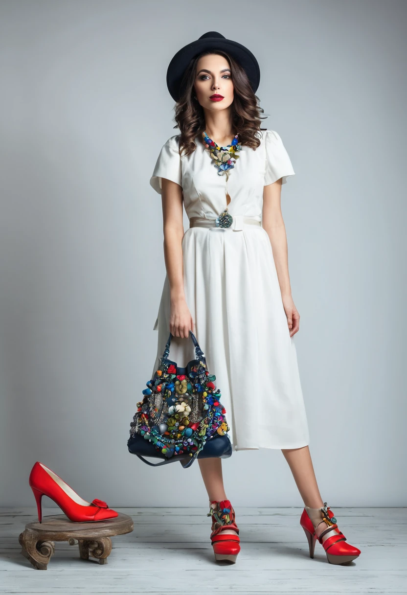 Beautiful woman, unique artsy style, full length, real , accessory, shoes