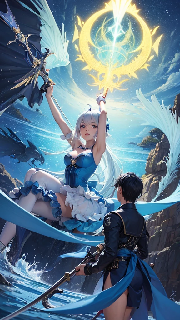 A cartoon image of a woman in a blue dress sitting on a broom over the waves., Two water dragons emerged from the waves. , Anime girl walking on water, Makoto Shinkai Cyril Rolando, blue water anime wallpaper, clean Detailed anime art, Epic anime artwork, ภาพประกอบ Kill La Kill, Detailed anime art, Beautiful anime artwork, Kirokaze Pixel Art, Detailed anime artwork, Sword and Wand – Water