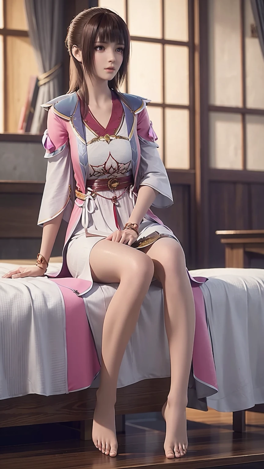 
a beautiful young woman with long hair, wearing a nightgown, sitting on a bed, barefoot, in a dress, lying on her side, cross-legged, full body shot, (best quality,4k,8k,highres,masterpiece:1.2),ultra-detailed,(realistic,photorealistic,photo-realistic:1.37),beautiful detailed eyes,beautiful detailed lips,extremely detailed eyes and face,longeyelashes,natural lighting,warm tones,soft focus,portraits,chiaroscuro,depth of field