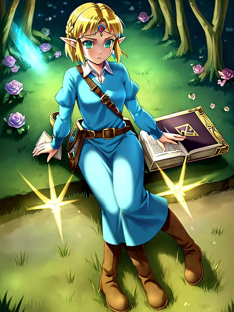 Princess Zelda, 1 girl, artist request, belt, blonde hair, blue shirt, book, boots, expressionless, full body, green eyes, height, look at viewer, magic, Nintendo, trousers, pointed ears, shirt, short hair, simple background, alone, The Legend of Zelda, The Legend of Zelda: Breath of the Forest, The Legend of Zelda: Tears of the Kingdom, Flowers made of light, magic