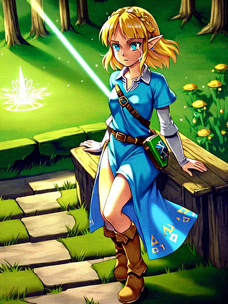 Princess Zelda, 1 girl, artist request, belt, blonde hair, blue shirt, book, boots, expressionless, full body, green eyes, height, look at viewer, magic, Nintendo, trousers, pointed ears, shirt, short hair, simple background, alone, The Legend of Zelda, The Legend of Zelda: Breath of the Forest, The Legend of Zelda: Tears of the Kingdom, Flowers made of light, magic