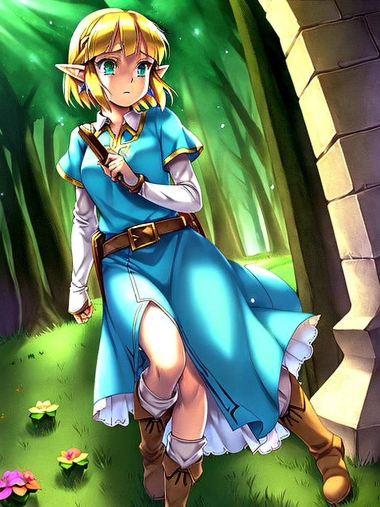 Princess Zelda, 1 girl, artist request, belt, blonde hair, blue shirt, book, boots, expressionless, full body, green eyes, height, look at viewer, magic, Nintendo, trousers, pointed ears, shirt, short hair, simple background, alone, The Legend of Zelda, The Legend of Zelda: Breath of the Forest, The Legend of Zelda: Tears of the Kingdom, Flowers made of light, magic