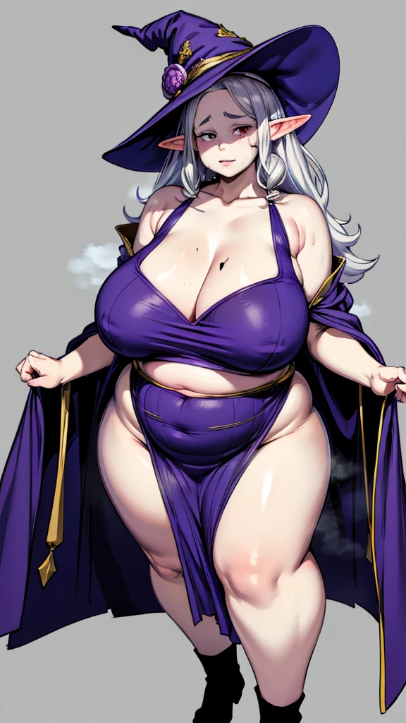 elf, young, witch, silver hair, red eyes, pale skin, tired expression, purple robes, sleeveless robes, witch hat, morbidly obese, extremely obese, fat arms, flabby arms, fat legs, fat face, fat belly, overhanging belly, flabby cheeks, quadruple chin, wide hips, huge belly, sweaty, slob, trouble waddling, exposed arms, full body, standing front view,