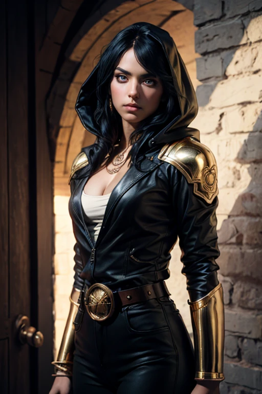 A female (Caucasian woman)Upper body,with long black blue hair, upward-flipped,beautiful face, confident expression, green eyes, big massive breasts,exposed cleavage,she is hooded, a fantasy-style black hooded coat, black leather, gold shoulder guards, wide cuffs, asymmetrical hem, a gold belt buckle, dark leather  trousers, right hand resting behind back and  left hand raised, stands before a majestic fantasy-style spatial portal, this character embodies a finely crafted fantasy-style sage in anime style, exquisite and mature manga art style, high definition, best quality, highres, ultra-detailed, ultra-fine painting, extremely delicate, professional, perfect body proportions, golden ratio, anatomically correct, symmetrical face, extremely detailed eyes and face, high quality eyes, creativity, RAW photo, UHD, 32k, Natural light, cinematic lighting, masterpiece-anatomy-perfect, masterpiece:1.5