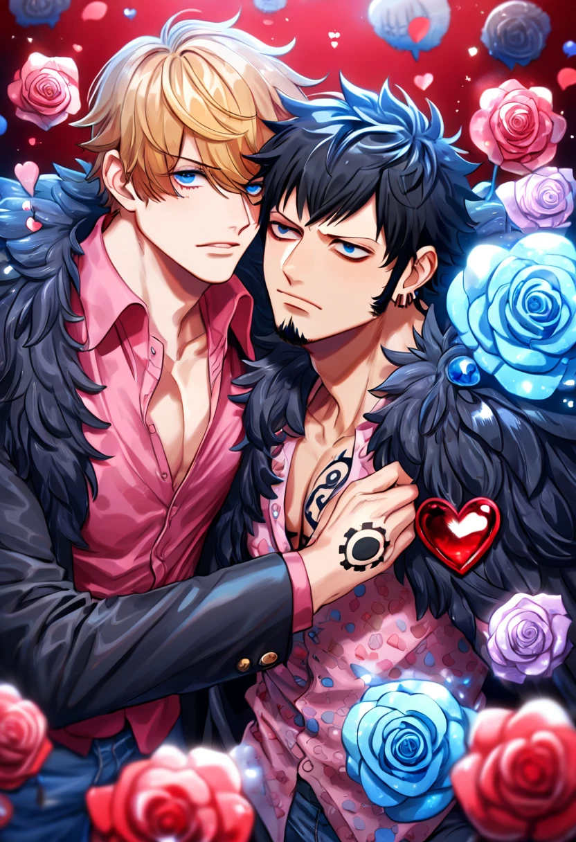 Ultra detailed, highres, absurdres, HDR, master piece, Donquixote Rosinante Corazon, blond hair, expressive blue eyes, Trafalgar Law, black hair, expressive blue eyes, black coat, pink shirt with red hearts patters, black fur cape, One Piece, fantasy, red petals, red roses, handsome, two sexy man together, gay couple, yaoi, love, magical, best quality, extremely detailed face and eyes, red sky