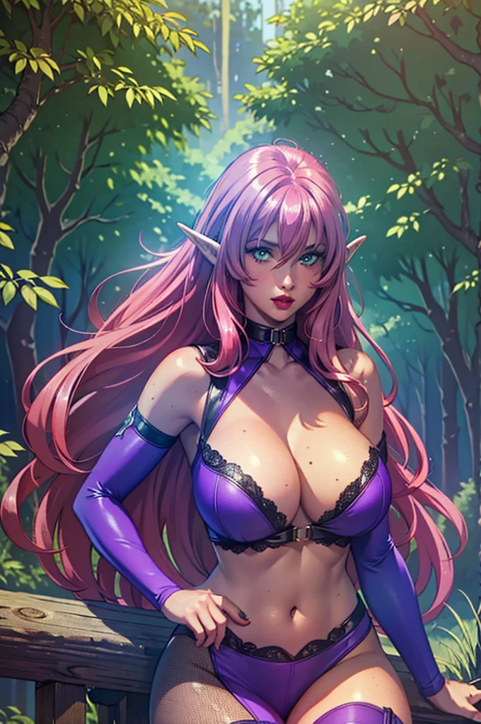 best quality, 32k uhd, insane details, ultra detailed, Masterpiece, forest lake, night setting, full bodyesbian, detailed green eyes, beautiful eyes, one elf girl, full red lips, exposed navel, bare shoulders, large breasts, exposed cleavage, pink hair, straight hair, leather purple outfit, she wear purple high heel boots, upset