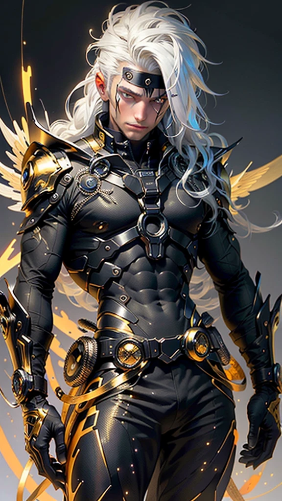 Generate an image of a detailed extreme close-up of a handsome cybernetic male angel , with long straight white hair and super fined detail radiant gold/black eyes color combination with intricate engraved golden marking on his face , smirking expression teeth expose a little, in super with black feather falling on his foreground high qaulity image, ultra detailed , high color intenaity in 4k resolution