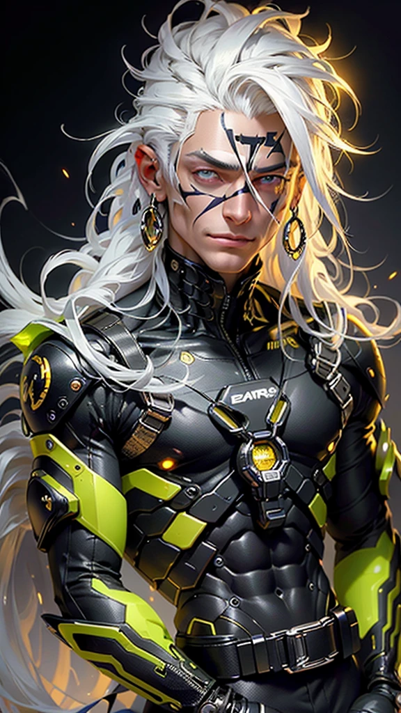Generate an image of a detailed extreme close-up of a handsome cybernetic male angel , with long straight white hair and super fined detail radiant gold/black eyes color combination with intricate engraved golden marking on his face , smirking expression teeth expose a little, in super with black feather falling on his foreground high qaulity image, ultra detailed , high color intenaity in 4k resolution