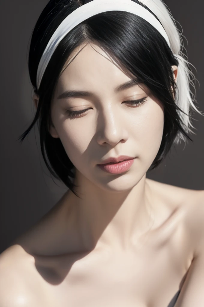 1girl,solo,blindfold,rain,white hair,black blindfold,hairband,short hair,upper body,dress,black dress,covered eyes,artist name,lips,nose,(facing viewer),closed mouth,black hairband,yorha no. 2 type b,
