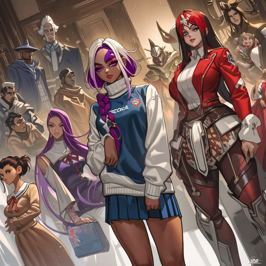 Obra de arte, melhor qualidade, extremamente detalhado,Dutch angle, anime,Large school sweater、saia xadrez xadrez,pele bronzeada,15 anos ,dark skin tiny body,peito pequeno,baby face,hand between legs,QUEBRAR,cabelo roxo escuro multicolorido,rabo de cavalo lateral,cabelo curto com mechas longas,QUEBRAR,olhos vermelhos,sobrancelha grossa,inexpressivo,Detailed lips,False eyelashes,QUEBRAR,red cotton ribbon,QUEBRAR,QUEBRAR,microssaia,QUEBRAR,escola