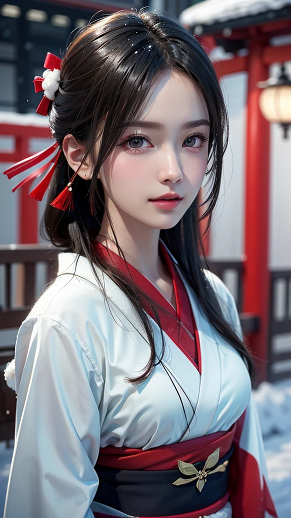 ((japanese kimono))、Snowy Japanese shrine background、(cowboy shot:1.3) winter、(snow:1.3)、(UHigh resolution, retina, masterpiece, Accurate, Anatomically correct, Textured skin, Super detailed, Attention to detail, high quality, 最high quality, High resolution, 1080p, High resolution, 4K, 8k, 16K), (Beautiful fine details, Beautiful lip detail, Highly detailed eyes and face), Soft lighting, Physically Based Rendering, Vibrant colors, (Portraiture, Shiny Hair, Shiny skin), (Bokeh), Eye Reflexes,