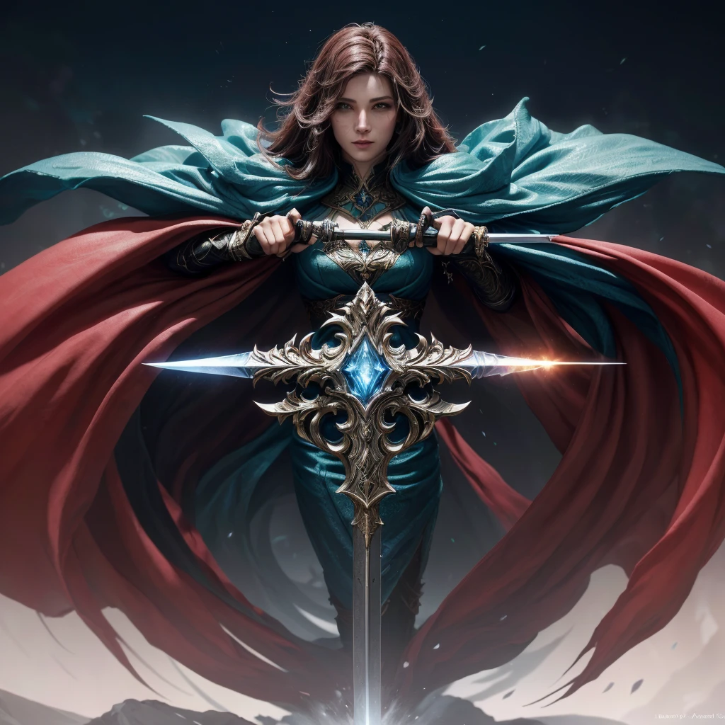 um close de uma espada com uma capa vermelha, Fantasia com detalhe 4K, the best of art station, wojtek fus, square enix cinematic art, Por Jeremy Chong, por Arthur Pan, holy sword in your hands, trends on artstation:3, art station masterpiece, chave escura de craig mullins, armadura sagrada, cavaleiro de fantasia, fantasy style 8k octane rendering