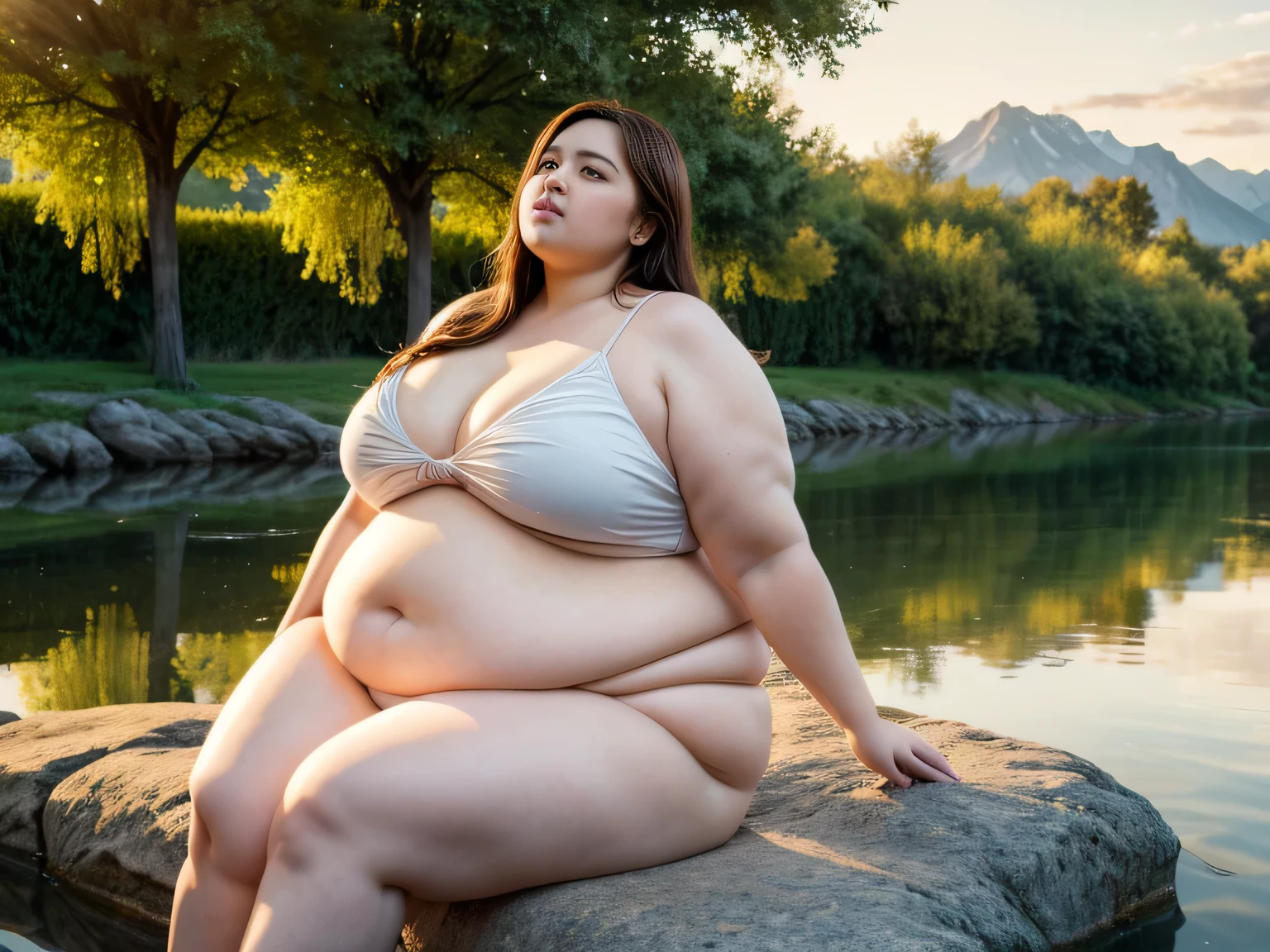 Rule_of_thirds, 1 girl, (extremely obese):1.7, (obese belly):2, (obese legs), fat rolls, SSBBW Adeline body, Serene expression, mesmerizing eyes, gorgeous supermodel face, flowing dress, porcelain skin, subtle blush, crystal pendant
BREAK
golden hour, (rim lighting):1.2, warm tones, sun flare, soft shadows, vibrant colors, painterly effect, dreamy atmosphere
BREAK
scenic lake, distant mountains, willow tree, calm water, reflection, sunlit clouds, peaceful ambiance, idyllic sunset, ultra detailed, official art, unity 8k wallpaper