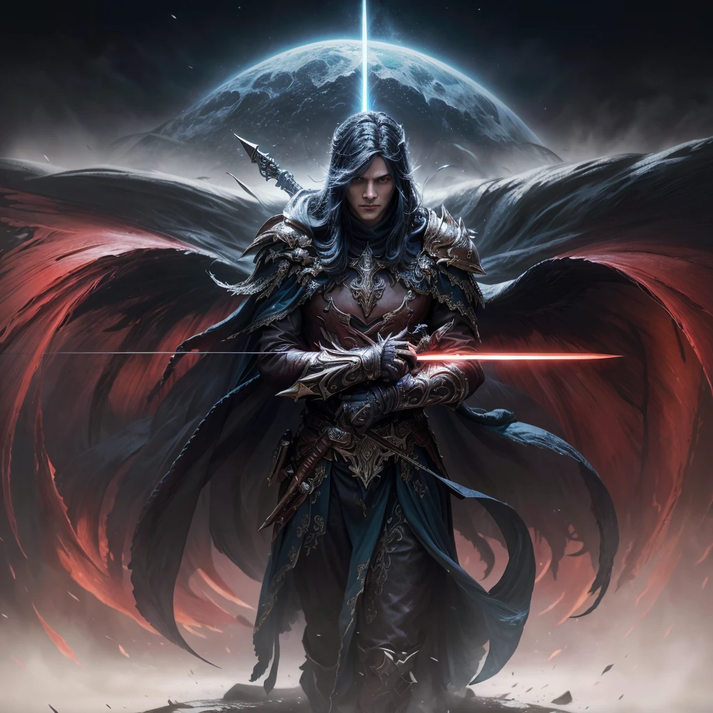um close de uma espada com uma capa vermelha, Fantasia com detalhe 4K, the best of art station, wojtek fus, square enix cinematic art, Por Jeremy Chong, por Arthur Pan, holy sword in your hands, trends on artstation:3, art station masterpiece, chave escura de craig mullins, armadura sagrada, cavaleiro de fantasia, fantasy style 8k octane rendering