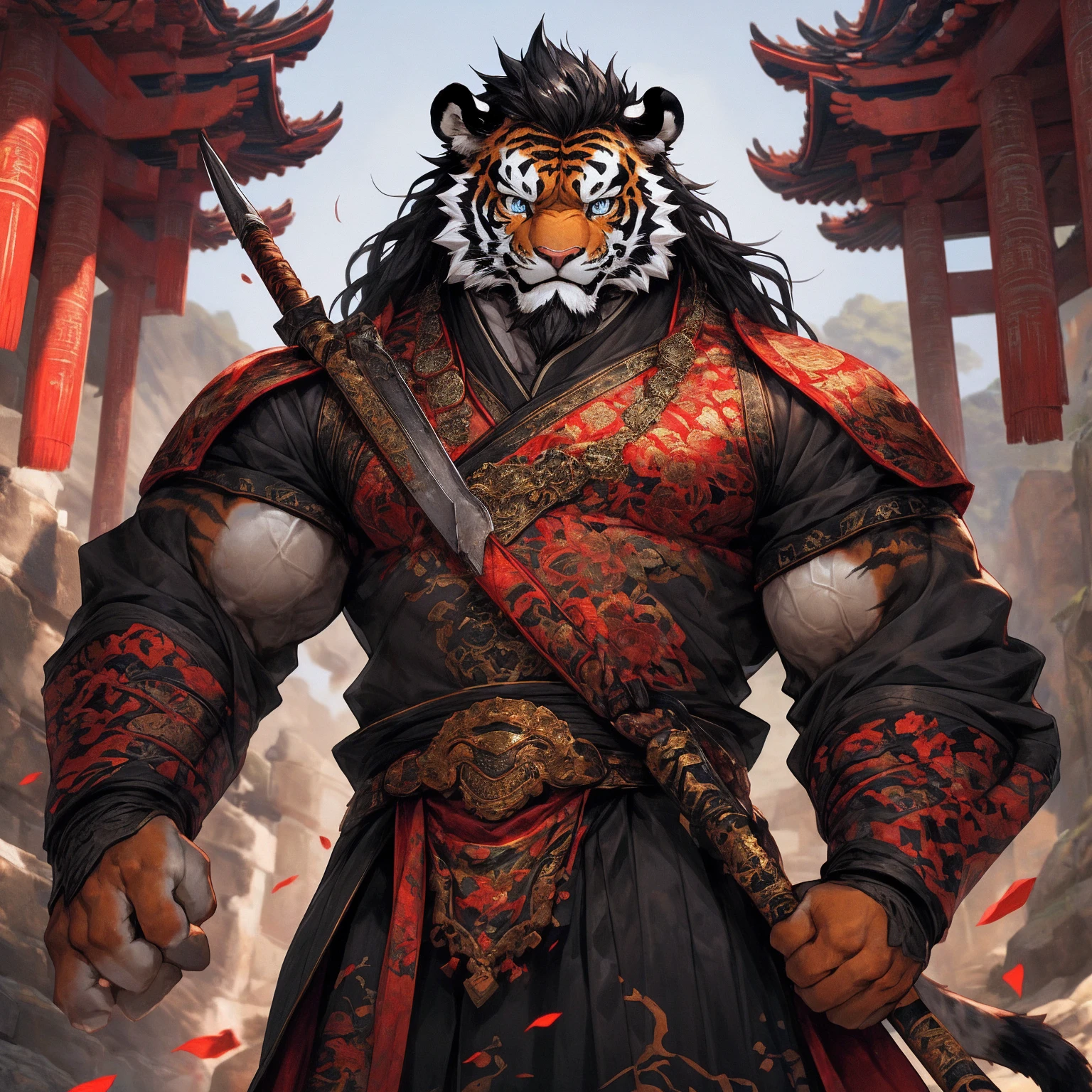 (黑色tiger),(黑色General战袍),Holding a spear,Powerful gesture,Stand confidently and proudly,(边塞Great Wall与沙漠戈壁为背景:1.2.Great Wall),abdominal muscles,Heroic Stance飒爽,完美的masterpiece,Various facial details,Long-term perspective,specific description,masterpiece,CG,(Light blue eyes),Light black pattern,Black tail,General,Heroic Stance,tiger,Red fur,Specific facial details,Half Body,(炎火General战履),(Chang Ling),((middle aged)),(Face Focus),(16K),HD,Red and white belly,temple,beard,(Face line),Different students,(Black shirt),(Light black hair),Strong,muscle,(high resolution:1.3),Chinese style general holding a long sword，Looking into the distance