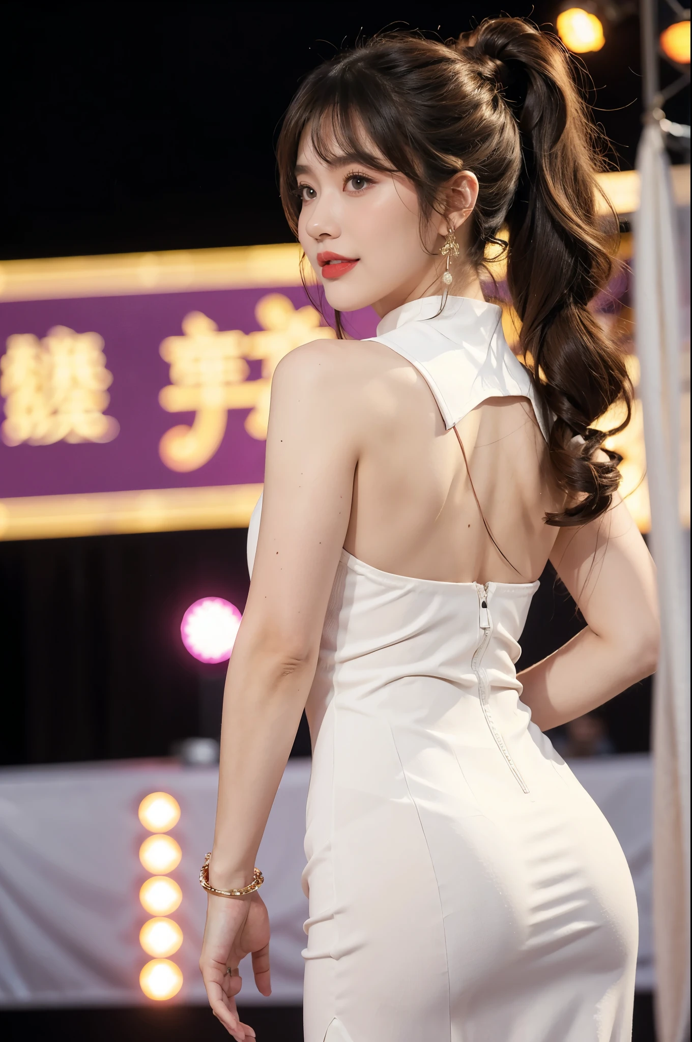 1girl,bangs,bare arms,collar,maxi white lace cheongsam,detailed background,detailed eyes,brown hair,earrings,upper body,jewelry,slim,bare back,ponytail,looking at viewer,makeup,night scene,red lips,signature,laughing,solo,standing,On the T-stage,catwalk,fashion show,Surrounded by crowded crowds on both sides of the stage,neon lights,from back,butt crack,towering hips