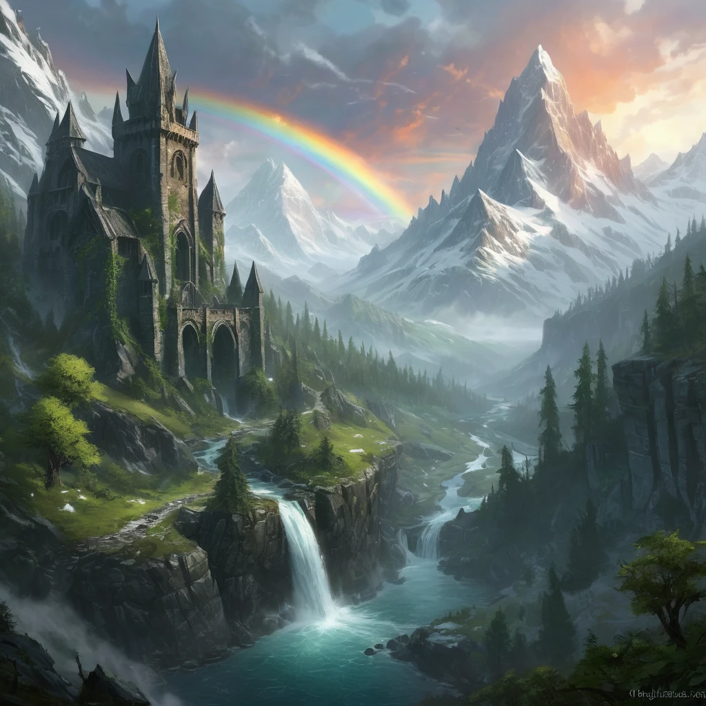 Create an absolutely stunning Skyrim landscape. Imagine a vast, snow-covered mountain range with jagged peaks reaching into the sky. A mighty dragon soars above, its wings casting a shadow over the land. In the foreground, a lush, verdant forest teems with life, and a crystal-clear river winds its way through the trees, reflecting the brilliant colors of the sunset. Ancient ruins, partially covered in ivy and snow, stand as silent guardians of the past, their stone walls etched with mystical runes that glow faintly in the twilight. A majestic waterfall cascades down from one of the cliffs, creating a mist that catches the light and forms a rainbow. The scene is both serene and awe-inspiring, with a sense of adventure and mystery that invites the viewer to explore every hidden corner of this fantastical world. The colors should be rich and vivid, with a perfect balance of light and shadow to highlight the natural beauty and magical atmosphere of Skyrim.