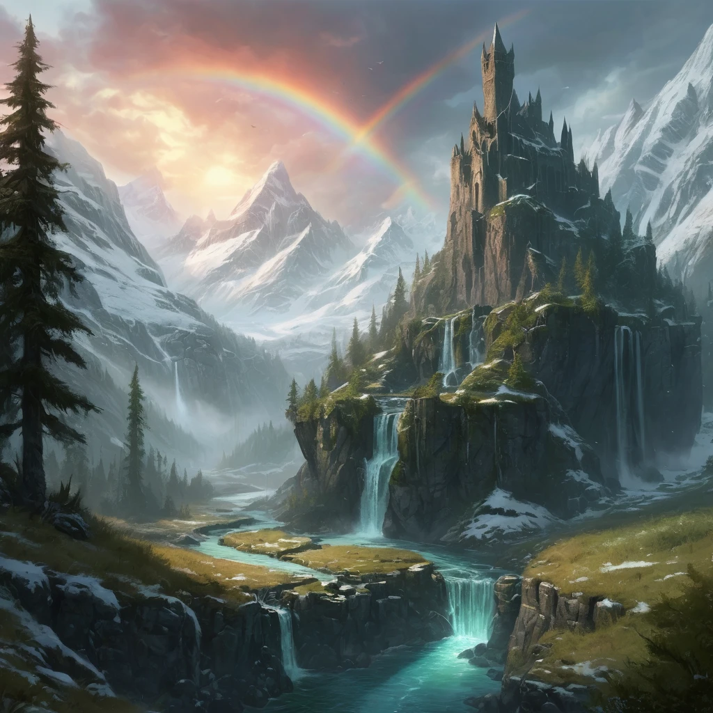 Create an absolutely stunning Skyrim landscape. Imagine a vast, snow-covered mountain range with jagged peaks reaching into the sky. A mighty dragon soars above, its wings casting a shadow over the land. In the foreground, a lush, verdant forest teems with life, and a crystal-clear river winds its way through the trees, reflecting the brilliant colors of the sunset. Ancient ruins, partially covered in ivy and snow, stand as silent guardians of the past, their stone walls etched with mystical runes that glow faintly in the twilight. A majestic waterfall cascades down from one of the cliffs, creating a mist that catches the light and forms a rainbow. The scene is both serene and awe-inspiring, with a sense of adventure and mystery that invites the viewer to explore every hidden corner of this fantastical world. The colors should be rich and vivid, with a perfect balance of light and shadow to highlight the natural beauty and magical atmosphere of Skyrim.