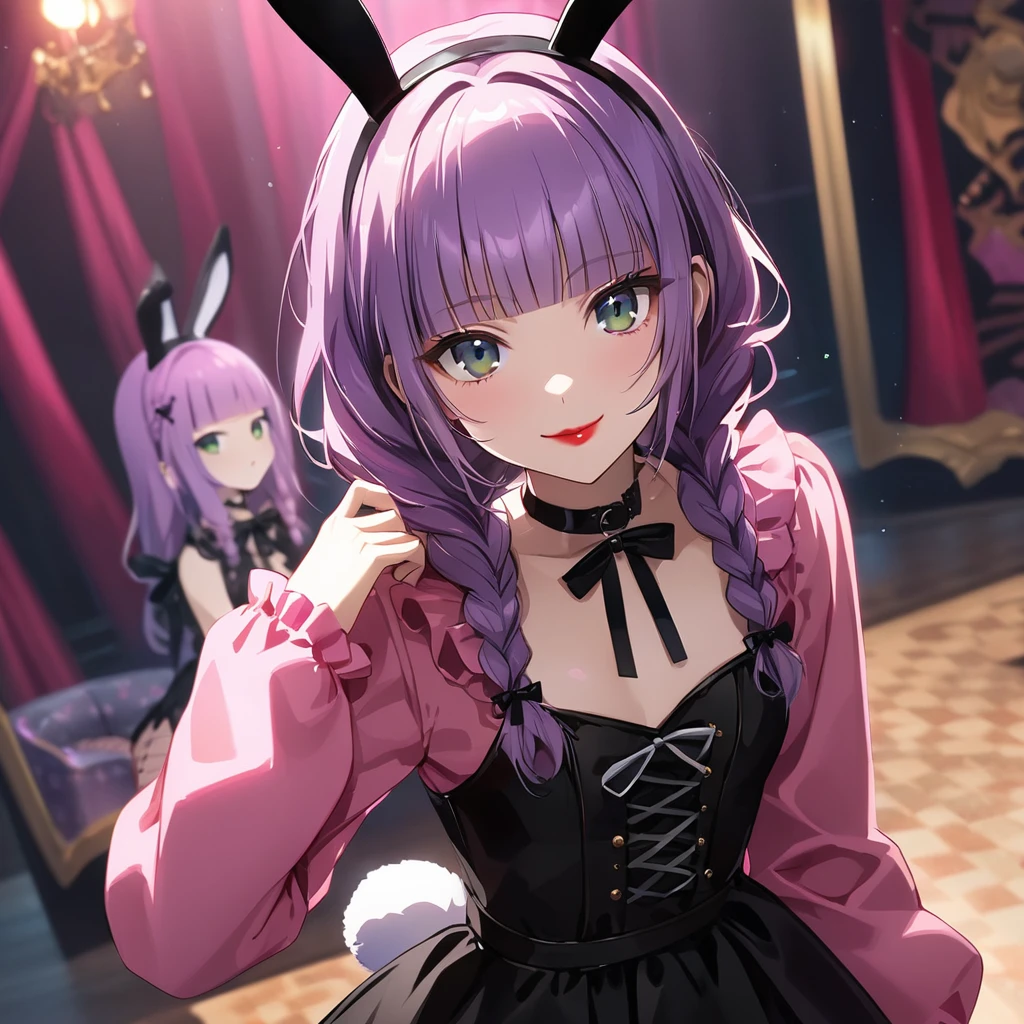 (yuri 2girls:1.5), (one girl with closs hair pin,pale purple hair,wavy two braids,blunt bangs hair,green and black eyes,
pink shirt,cosplay, jirai kei, bangs, black skirt, black bow, looking at viewer, bow, long sleeves, choker, ribbon,pink lips, :1.4),(other girl with pale purple hair,wavy two braids,blunt bangs hair,green and black eyes, red lips,Black bunny girl costume, red high heels,High leg, fishnet stockings, white bunny tail, black bunny ears, front view:1.4 ), (masterpiece:1.3), anime visual, (Lovey-dovey:1.5), (tilt head:1.3), extremely delicate face, soft clean focus, realistic lighting and shading, (an extremely delicate and beautiful art:1.3), elegant, (muted colors:1.1), small breast,slim,The Moulin Rouge in Paris, mysterious pink light, a slightly dark room,look at viewer,smiling,night lit,