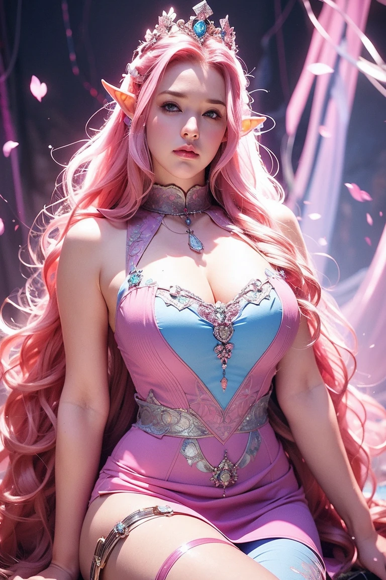 Woman, long wavy hair, pink hair, blue eyes, empress, crown, chin up, thoughtless, serious, serious expression, Authoritarian, elf, Medieval setting, elf, Curvy, thick thighs , Far, sexy, low-cut outfit