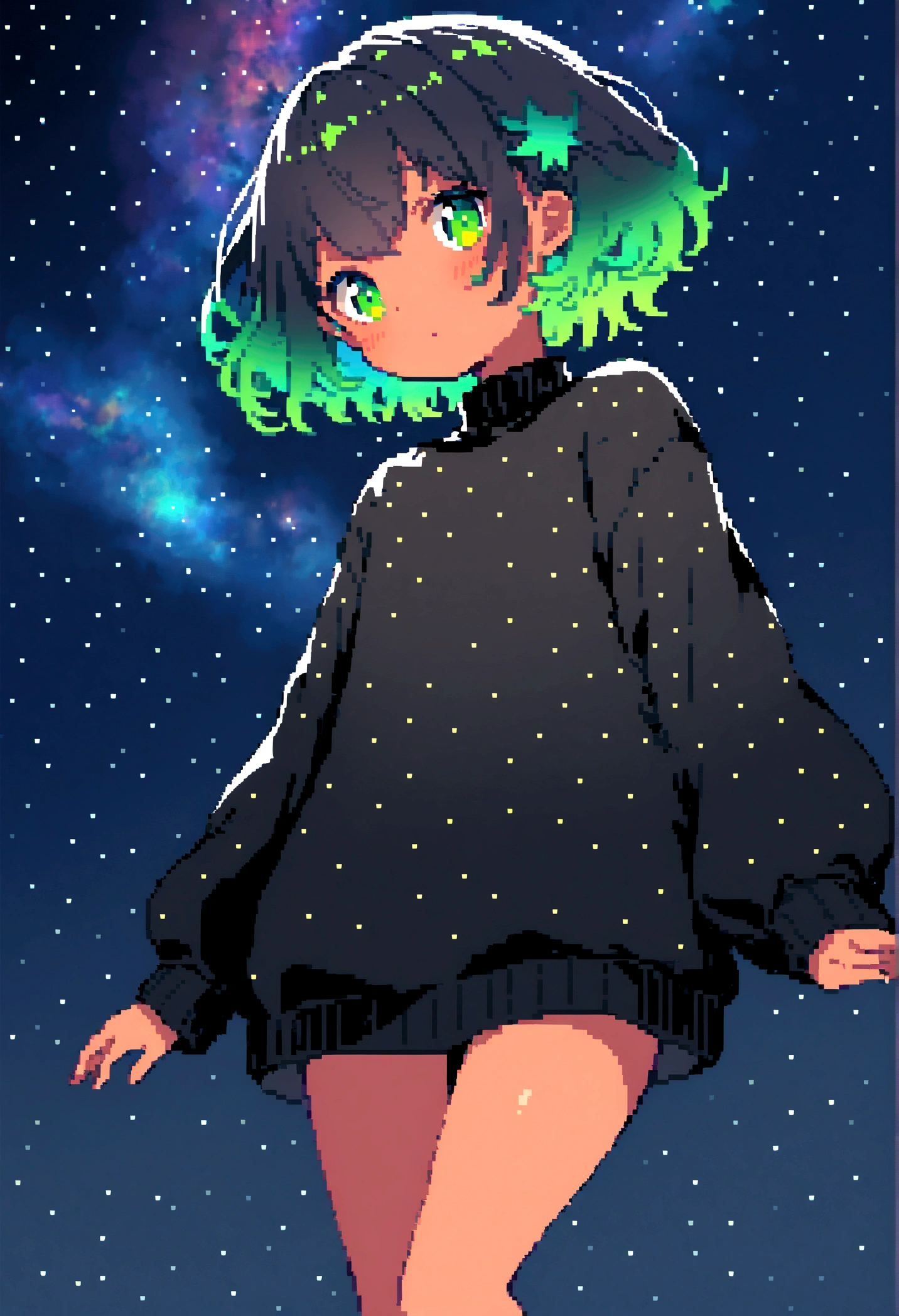Sky, it's night, the night is full of stars, there are planets in the sky, bright colors, Loli, short hair, galaxy hair, green eyes, tanned, black sweater, bare legs,